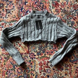 Gray Cropped Cable Knit Sweater